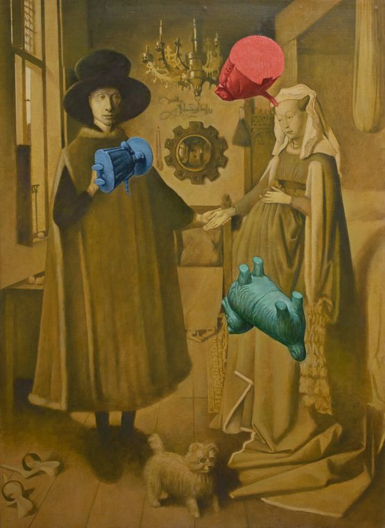 Floating - Portrait of Arnolfini and His Wife Yellow by Tomoaki Ichikawa contemporary artwork Painting