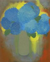 Small blue god-like explosions against bat-like base by Layla Rudneva-Mackay contemporary artwork painting