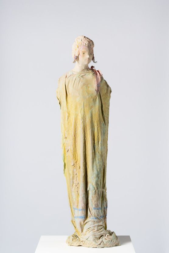 Woman with robe and pink ribbon by Linda Marrinon contemporary artwork Sculpture
