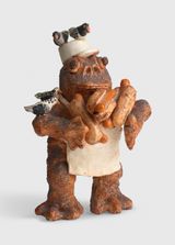 Breadfrog as Hot Dog Vendor at Dodger Stadium by David Gilhooly contemporary artwork sculpture
