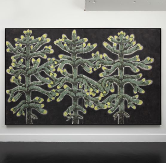 Portrait of three monkey puzzles with spring growth intertwined by Andrew Sim contemporary artwork Painting