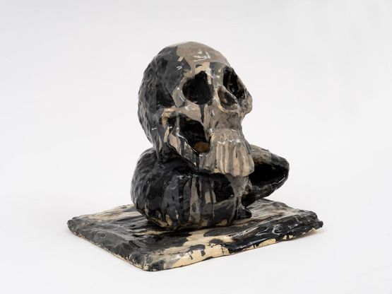 two modelled skulls and base the Bowery August 7pm. by Andrew Lord contemporary artwork Sculpture
