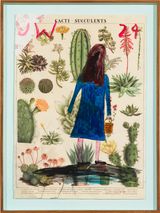 Self portrait from the back in a blue coat and cacti by Jenny Watson contemporary artwork painting works on paper