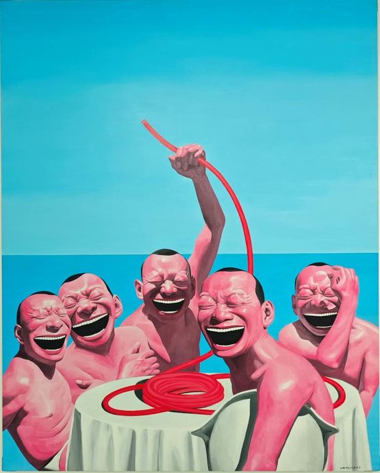 The Red PVC Pipe by Yue Minjun contemporary artwork Painting