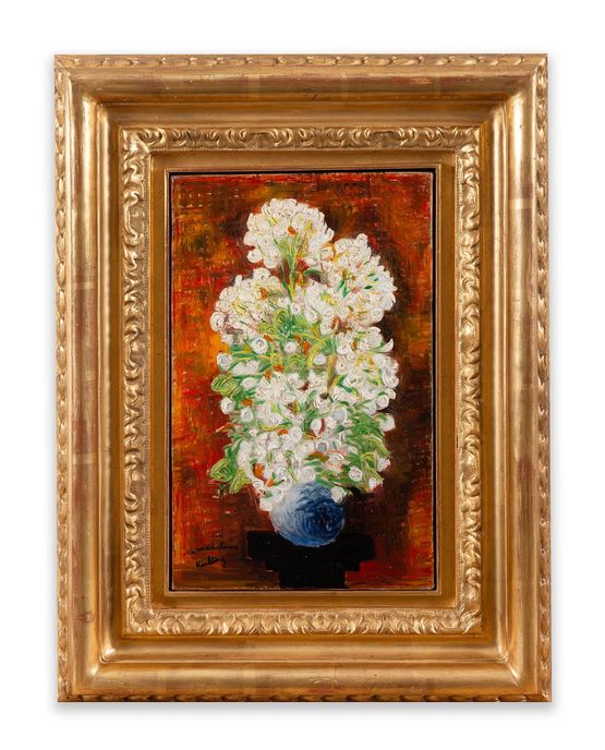 Bouquet de fleurs sur fond rouge-orange by Moise Kisling contemporary artwork Painting