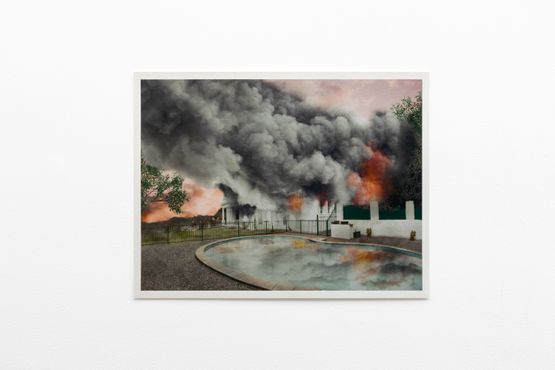Artists impression of the Murdoch family home in Sydney Australia on fire by Jeremy Deller contemporary artwork Works on Paper