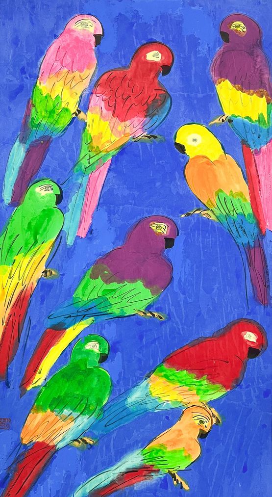 Nine Rainbow Parrots 2 by Walasse Ting contemporary artwork Painting