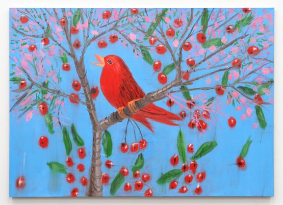 Horizontal Red Singing Finch on Blue with Spring Blossoms 2023 by Ann Craven contemporary artwork Painting