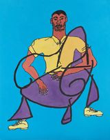 Leisure Man in Yellow Shirt in Blue Room by Tschabalala Self contemporary artwork drawing painting print