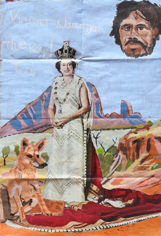 The Royal Tour Vincent Elizabeth and dingo by Vincent Namatjira contemporary artwork Painting