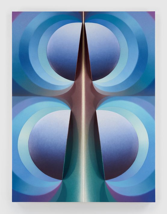 Split Orbs in periwinkle blue brown and teal by Loie Hollowell contemporary artwork Painting