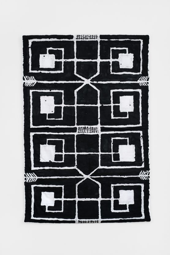 Vertical Wall Hanging with White Rectangles by Elisabeth Kley contemporary artwork Painting