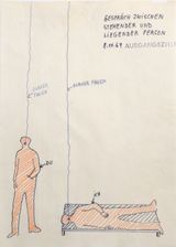 Gesprach zwischen stehender und liegender Person Blauer Faden by Chris Reinecke contemporary artwork drawing works on paper