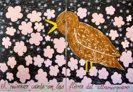 El ruisenor canta en las flores del albericoquero by Gabrielle Graessle contemporary artwork Painting