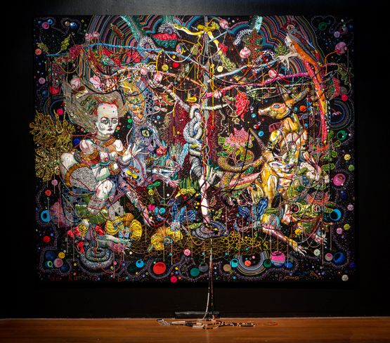 come ride come ride bunny blue come ride mumma kanga  ying sperm babies come ride......... nipple berries silk puffs come ride mr frog bleeding waratahs come ride......... to pan to disco disco disco hole to whole leaves to live and hold.. by Del Kathryn Barton contemporary artwork Mixed Media
