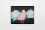 portrait of a pink bird with blue and gold wings by Andrew Sim contemporary artwork Works on Paper