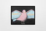 portrait of a pink bird with blue and gold wings by Andrew Sim contemporary artwork drawing works on paper