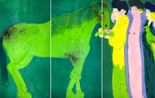Three Oriental Beauties with a Green Horse and a Green Parrot by Walasse Ting contemporary artwork Painting