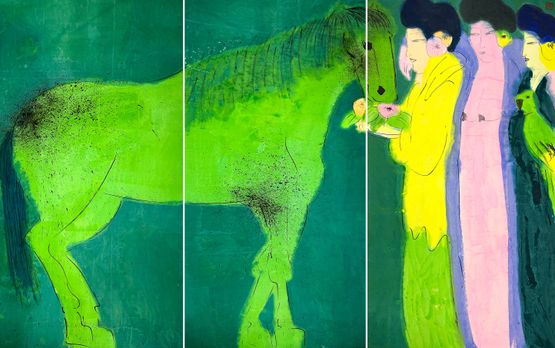 Three Oriental Beauties with a Green Horse and a Green Parrot by Walasse Ting contemporary artwork Painting