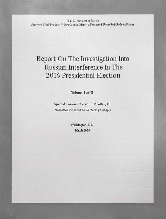 The Cover Page of The Mueller Report Submitted to Attorney General William Barr by Robert Mueller on March 22 2019 by Ai Weiwei contemporary artwork Sculpture