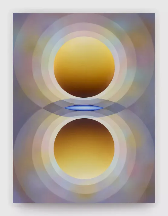 Overview Effect in yellow and blue with small mandorla by Loie Hollowell contemporary artwork Painting