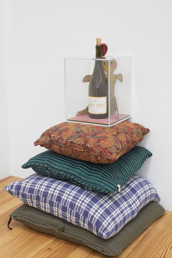 Trump Molotov 3 on stolen pillow pedestal by Hadi Falapishi contemporary artwork Works on Paper
