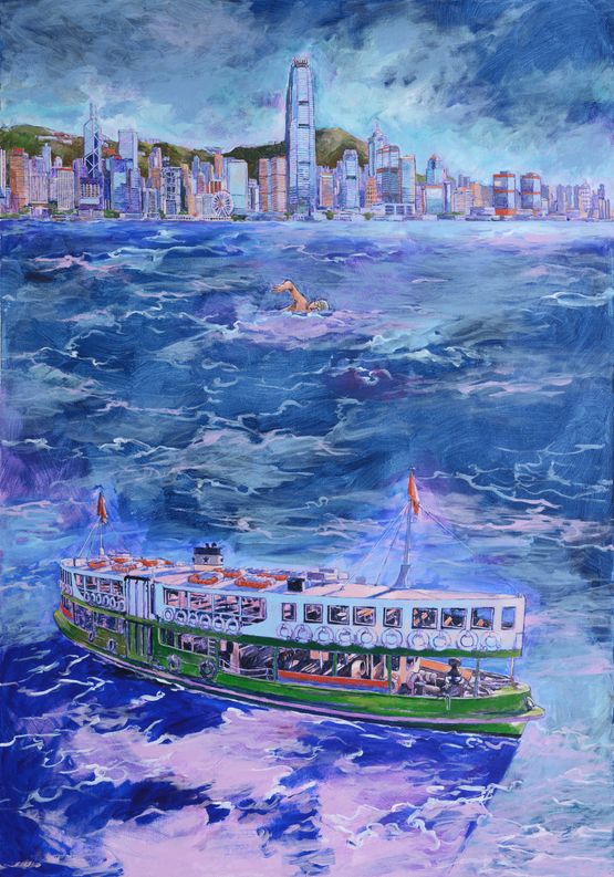 Swimmer next to Star Ferry by Chow Chun Fai contemporary artwork Painting