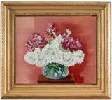 Fleurs blanches et grenat dans un vase transparent by Moise Kisling contemporary artwork painting