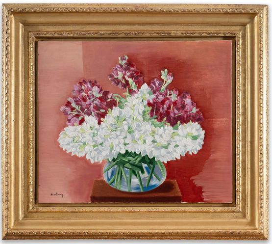 Fleurs blanches et grenat dans un vase transparent by Moise Kisling contemporary artwork Painting