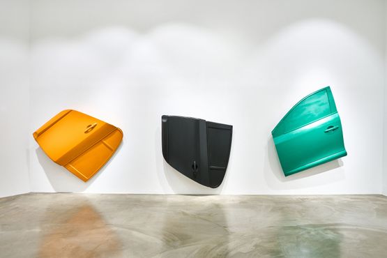 Three Panels_ Orange Dark Grey and Green by Dahoon Nam contemporary artwork Painting
