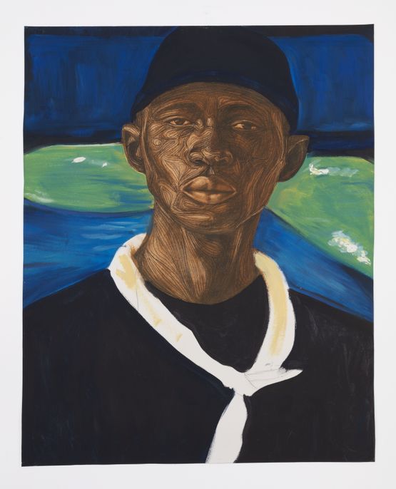 Man with bright scarf Voyager by Collins Obijiaku contemporary artwork Painting
