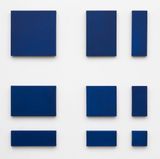no title cobalt blue nine part separated rectangles by Paul Mogensen contemporary artwork painting works on paper