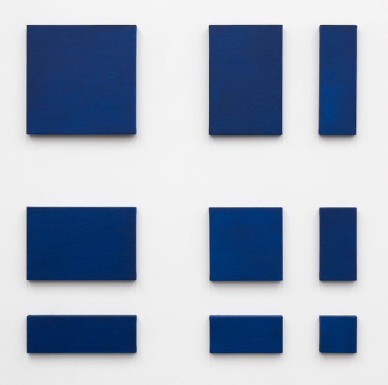 no title cobalt blue nine part separated rectangles by Paul Mogensen contemporary artwork Painting