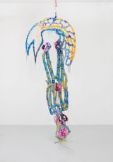 Last time and big evening and if we say goodbye to the trauma nightmare. one last time under the headlights on the big night the big jump we said see you tomorrow under other skies in the air before contact with the sea we loved each other. queue de poisson jaune et bleue by Julien Creuzet contemporary artwork sculpture