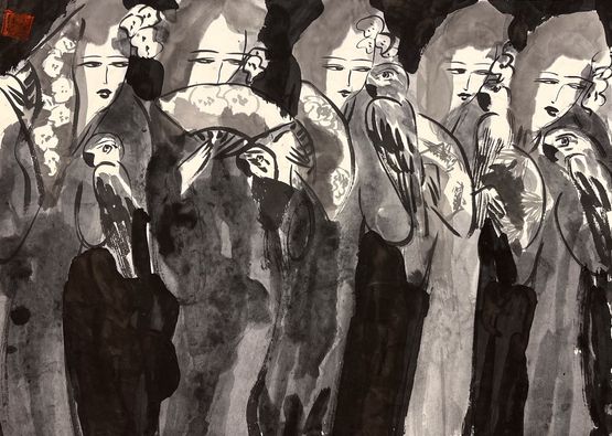 Five Beauties Holding Fans with Five Parrots by Walasse Ting contemporary artwork Painting