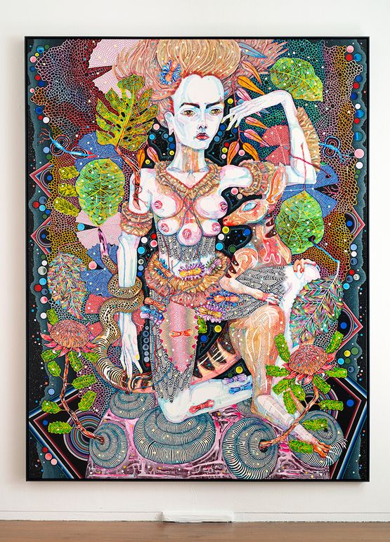of pink planets by Del Kathryn Barton contemporary artwork Painting