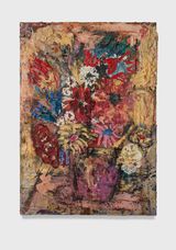Flowers 17 burnt yellow with fuchsia vase by Daniel Crews-Chubb contemporary artwork painting