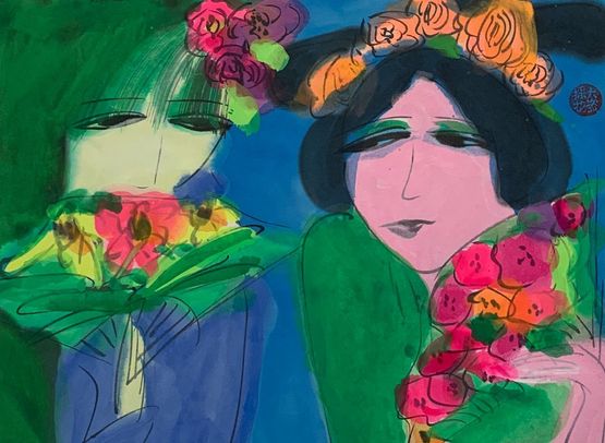 Two Beauties Gossiping by Walasse Ting contemporary artwork Works on Paper