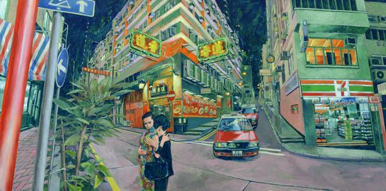 Pre-shooting press conference for the Mood of Love in 1999 at Lin Heung Tea House by Chow Chun Fai contemporary artwork Painting