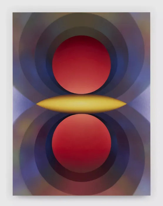Overview Effect in red and yellow with large mandorla by Loie Hollowell contemporary artwork Painting