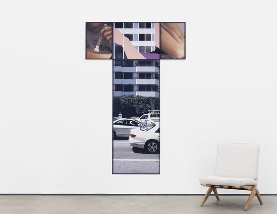 The Intersection Series Person Eating With Fork and Knee BentHigh Rise Building by John Baldessari contemporary artwork Painting