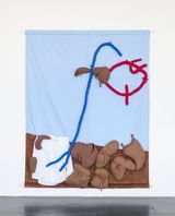 Aus der Kopf-Ab-Leiche im Maggiatalgeroll wachst ein Diagrammstockchen mit Zeitansage und angebacktem Geroll by John Bock contemporary artwork drawing textile