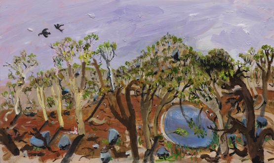Hill with some regrowth in the distance. Couple of black cockies scoping for grub. by Andy Pye contemporary artwork Painting