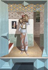Figure carrying Moroccan drum by Christian Hidaka contemporary artwork painting