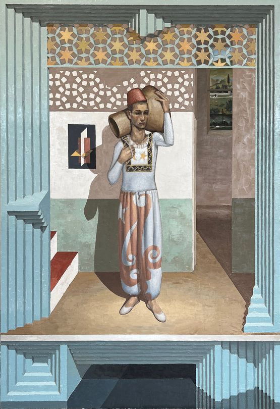 Figure carrying Moroccan drum by Christian Hidaka contemporary artwork Painting