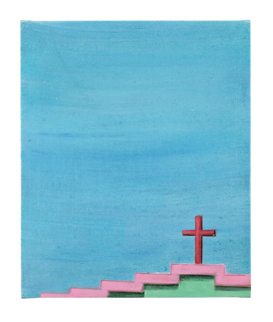 Red Cross pink and green roof by Matthew Krishanu contemporary artwork Painting