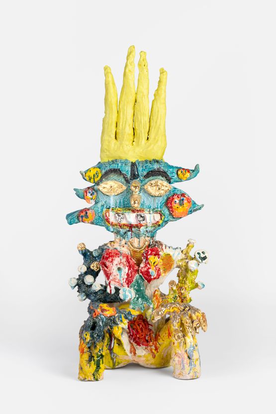 Seated Figure with Yellow Headpiece by Ramesh Mario Nithiyendran contemporary artwork Sculpture