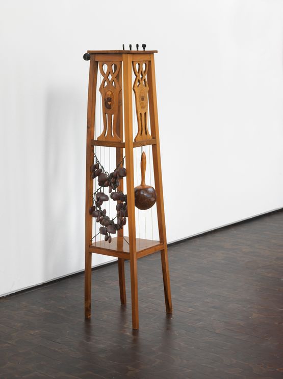 Music Room Darmstadt Flower Column Bass Guitar Double Bass Juju Shaker and Coconut Maracas by Nevin Aladag contemporary artwork Sculpture
