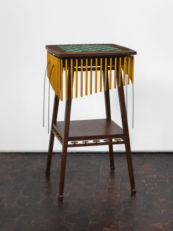 Music Room Darmstadt Chessboard Table Chimes Thunder Drum and Tambourines by Nevin Aladag contemporary artwork Sculpture