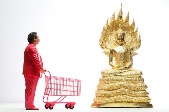 Pink Man Meets Lord Buddha by Manit Sriwanichpoom contemporary artwork Installation